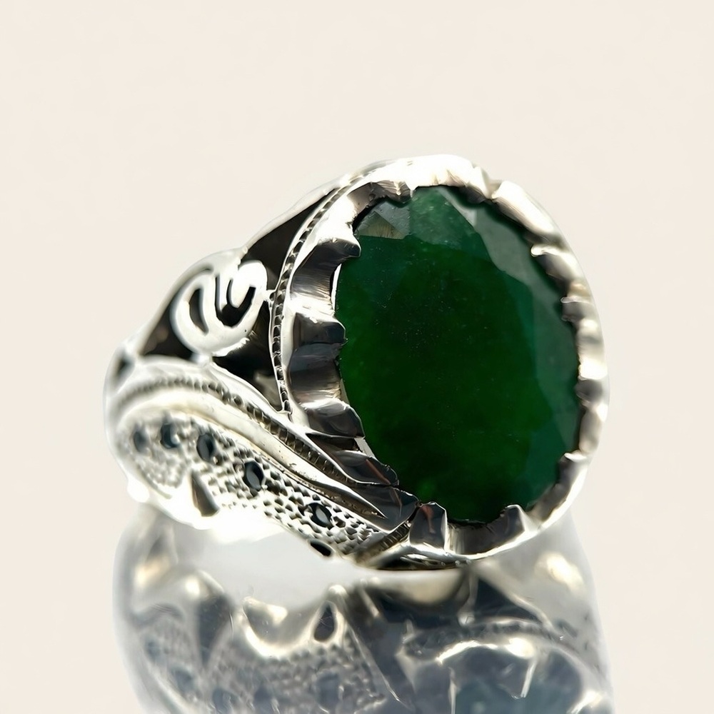 Natural Green Jade 925 Sterling Silver Ring